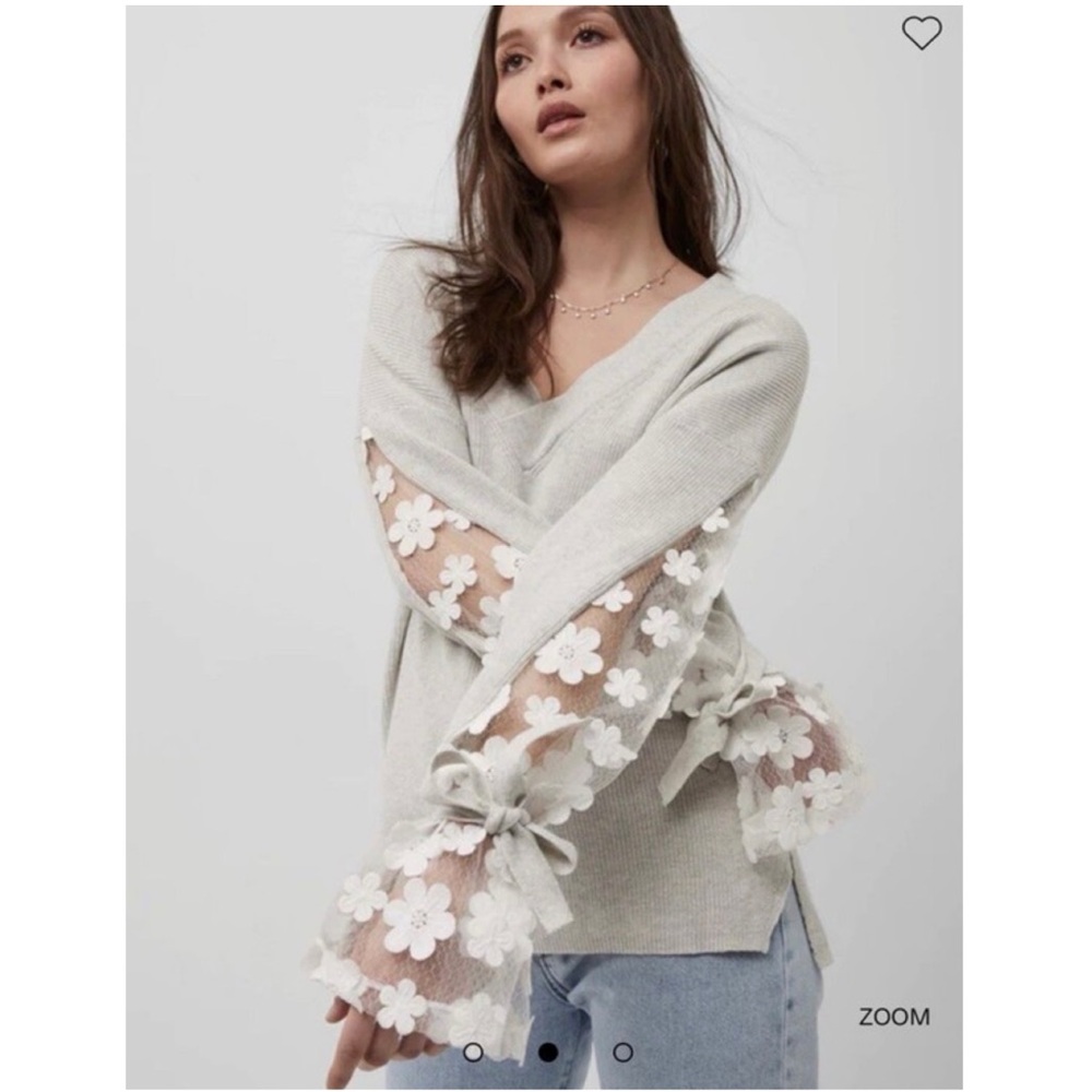 French Connection V-Neck Sweater with Floral Lace Sleeves White Sz M